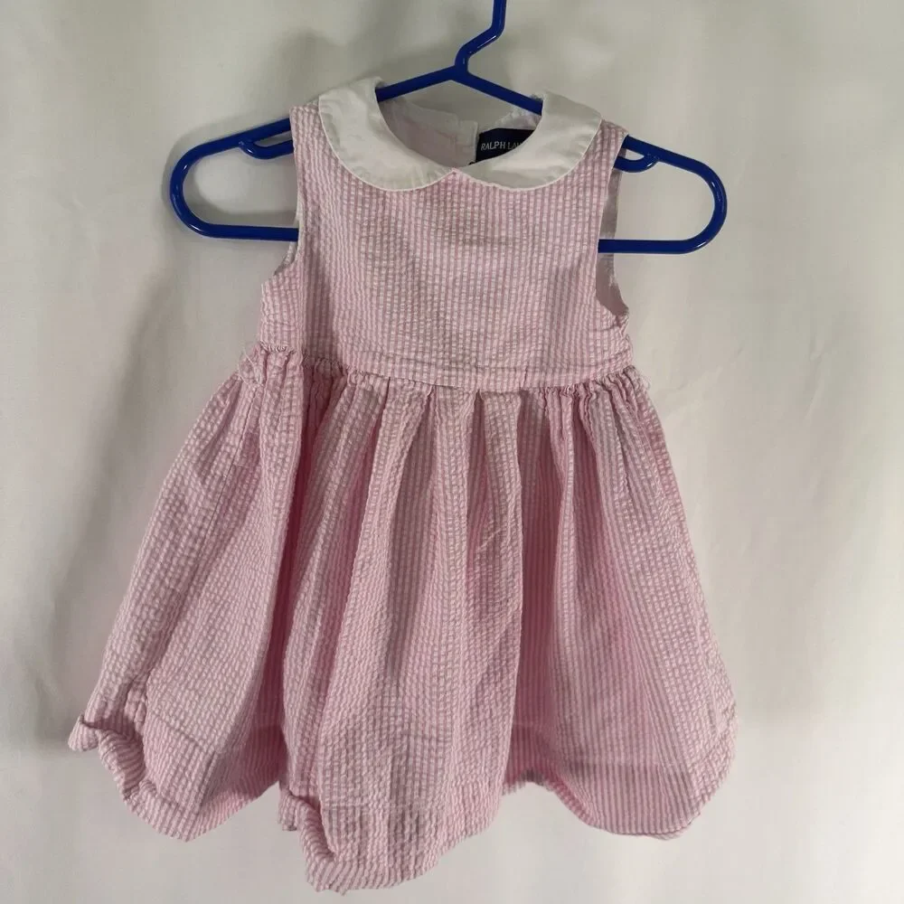 Ralph Lauren Dress Baby Girl 9M Pink WHite Striped Sleeveless Collared Cotton